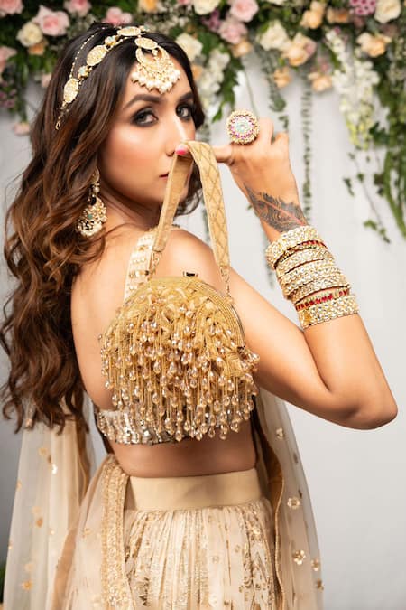 Shop Nayaab By Sonia Gold Cut Work, Beads Lattice Frame Aurum Embellished Clutch at Aza Fashions Shop_Nayaab By Sonia_Gold Cut Work, Beads Lattice Frame Aurum Embellished Clutch _at_Aza_Fashions