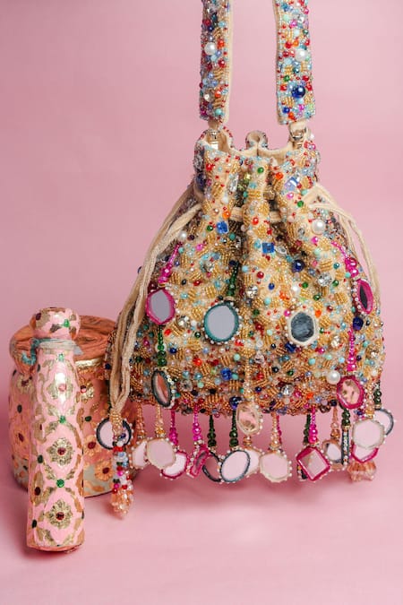 Nayaab By Sonia Gold Mirrors, Pearls, Beads Aaina Rangeela Embroidered Potli Bag 