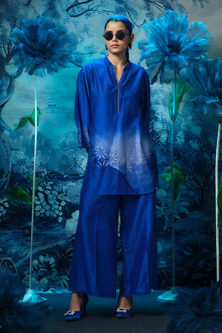 Mandira Wirk - Indian Blue Chanderi Kurta Pant Set 