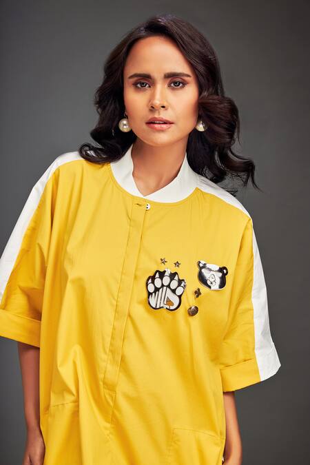 Deepika Arora Yellow Cotton Round Neck Color-blocked Dress Online at Aza Fashions Deepika Arora_Yellow Cotton Round Neck Color-blocked Dress _Online_at_Aza_Fashions