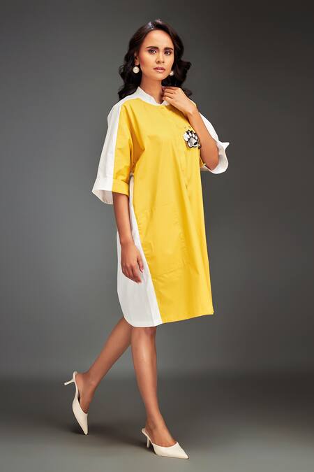 Shop Deepika Arora Yellow Cotton Round Neck Color-blocked Dress Online at Aza Fashions Shop_Deepika Arora_Yellow Cotton Round Neck Color-blocked Dress _Online_at_Aza_Fashions