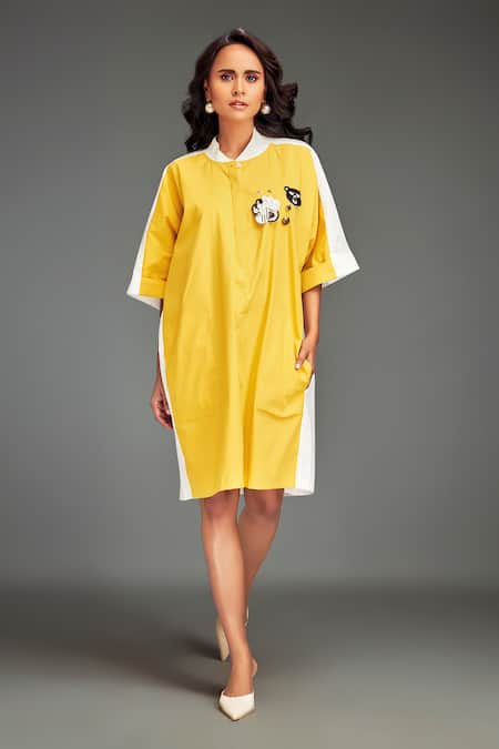 Deepika Arora Yellow Cotton Round Neck Color-blocked Dress