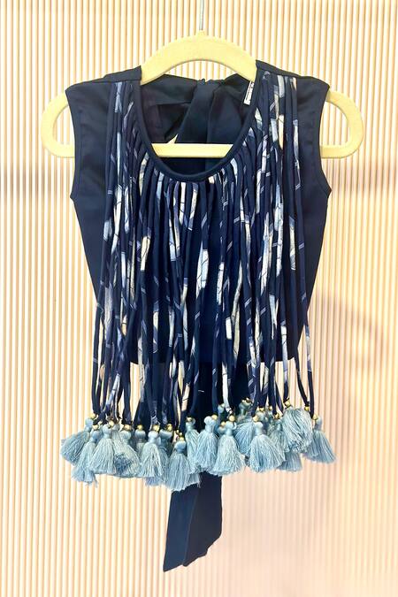 Rage Attire-Sweta Saria_Blue Cotton Tassels Lotus Lehenga Set _Online_at_Aza_Fashions