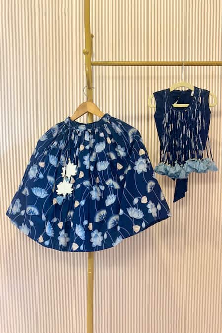 Rage Attire-Sweta Saria Blue Cotton Tassels Lotus Lehenga Set 