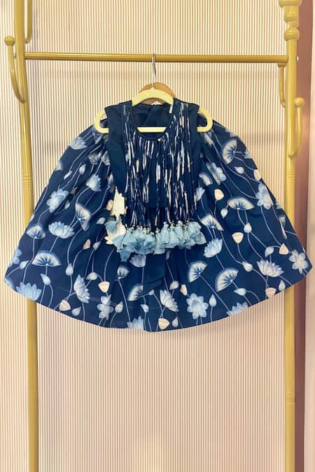 Buy_Rage Attire-Sweta Saria_Blue Cotton Tassels Lotus Lehenga Set _Online_at_Aza_Fashions