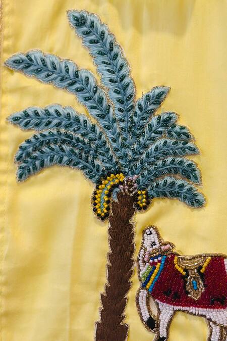 Rage Attire-Sweta Saria_Yellow Cotton Embroidery, Beads Cow And Palm Tree Kurta-dhoti Set _Online_at_Aza_Fashions