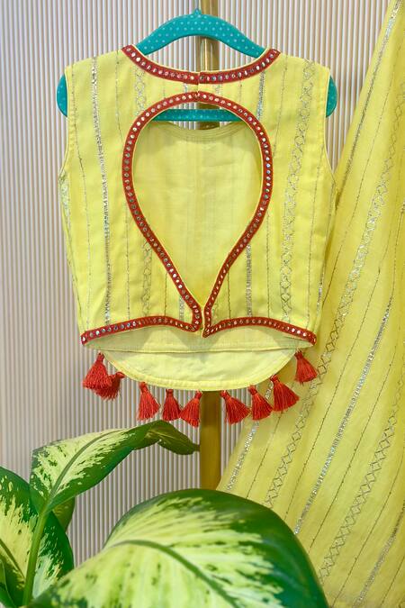 Rage Attire-Sweta Saria_Yellow Cotton, Chanderi , Tassels, Cow And Palm Tree Top & Palazzo Set _Online_at_Aza_Fashions