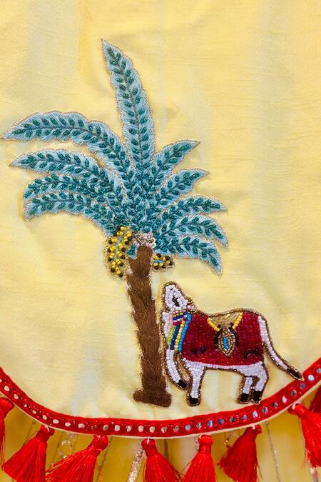 Buy_Rage Attire-Sweta Saria_Yellow Cotton, Chanderi , Tassels, Cow And Palm Tree Top & Palazzo Set _Online_at_Aza_Fashions