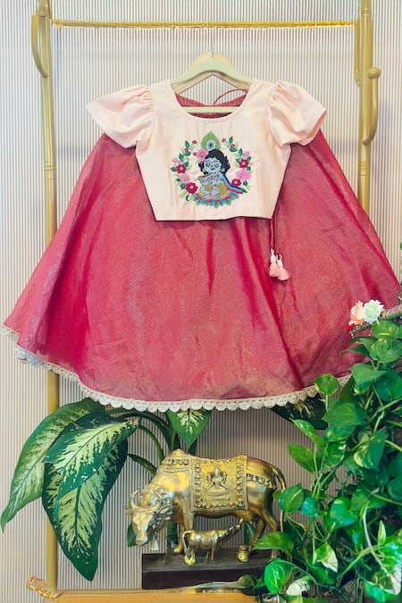 Rage Attire-Sweta Saria Peach Cotton, Silk, Kota Doria Floral Little Krishna Blouse And Lehenga Set