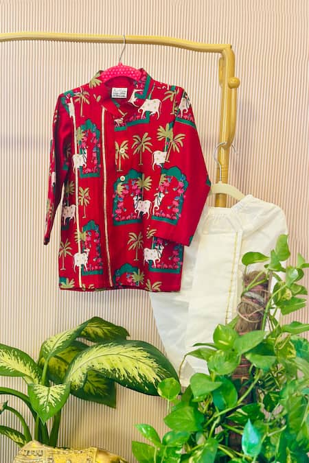 Rage Attire-Sweta Saria Red Chanderi Cotton, Silk Pichwai Printed Kurta Dhoti Pant Set 