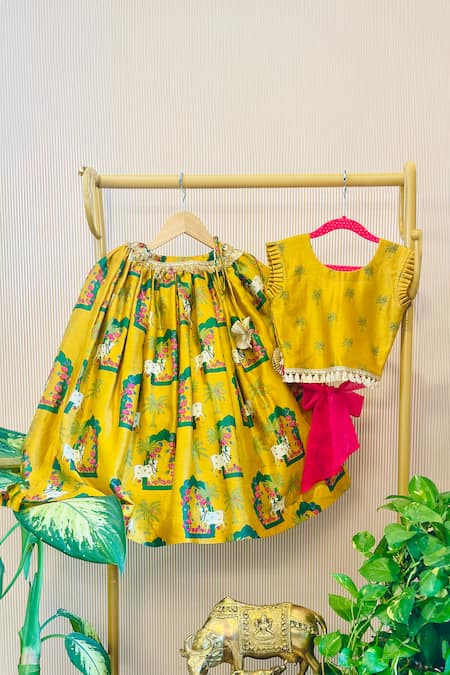 Rage Attire-Sweta Saria Yellow Chanderi Cotton, Silk Ribbons Pichwai Printed Lehenga And Blouse Set 