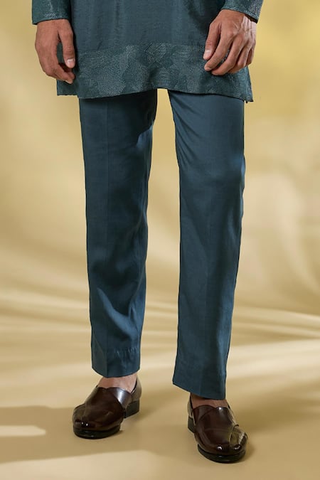 Rabani & Rakha_Teal Silk Embroidery Green Thread Work Kurta Set _Online_at_Aza_Fashions