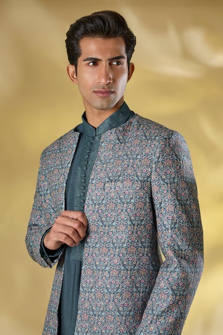 Buy_Rabani & Rakha_Teal Silk Embroidery Green Thread Work Kurta Set _Online_at_Aza_Fashions