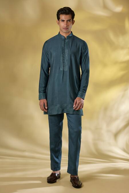 Shop_Rabani & Rakha_Teal Silk Embroidery Green Thread Work Kurta Set _Online_at_Aza_Fashions