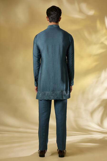 Rabani & Rakha_Teal Silk Embroidery Green Thread Work Kurta Set _at_Aza_Fashions