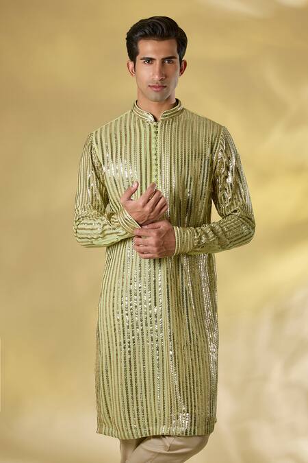 Buy_Rabani & Rakha_Lime Silk Sequins, Gota Patti Green Work Kurta Set _Online_at_Aza_Fashions