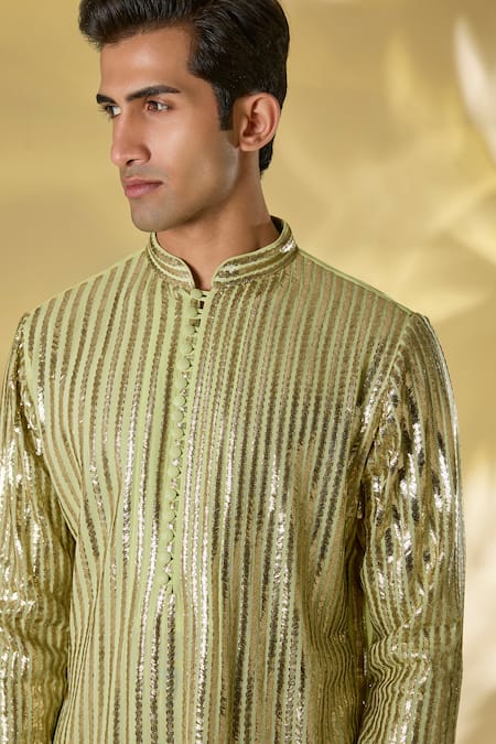 Shop_Rabani & Rakha_Lime Silk Sequins, Gota Patti Green Work Kurta Set _Online_at_Aza_Fashions
