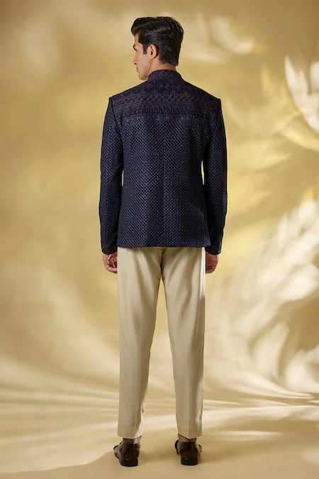 Rabani & Rakha Dark Blue Thread Embroidered Bandhgala Set 