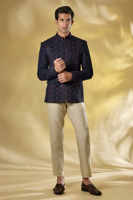 Rabani & Rakha Dark Blue Thread Embroidered Bandhgala Set 