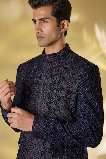 Shop_Rabani & Rakha_Blue Georgette Embroidery, Sequins Dark Thread Bandhgala Set _Online_at_Aza_Fashions