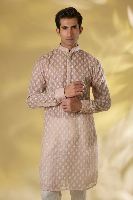 Buy_Rabani & Rakha_Pink Organza Sequins, Embroidery Blush Thread Kurta Set _Online_at_Aza_Fashions