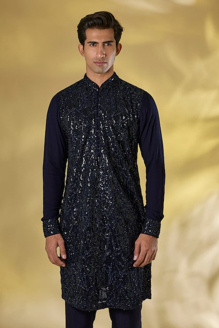 Buy_Rabani & Rakha_Blue Georgette Sequins, Embroidery Dark Thread Kurta And Pant Set _Online_at_Aza_Fashions