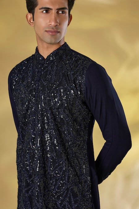 Shop_Rabani & Rakha_Blue Georgette Sequins, Embroidery Dark Thread Kurta And Pant Set _Online_at_Aza_Fashions