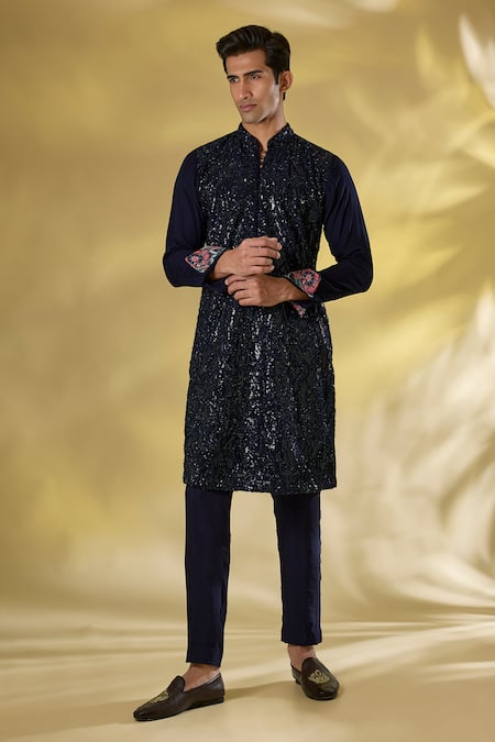 Rabani & Rakha Dark Blue Sequin Thread Kurta & Pant Set 