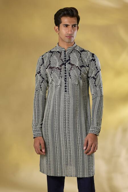 Buy_Rabani & Rakha_Blue Georgette Embroidery Dark Thread Work Kurta Set _Online_at_Aza_Fashions