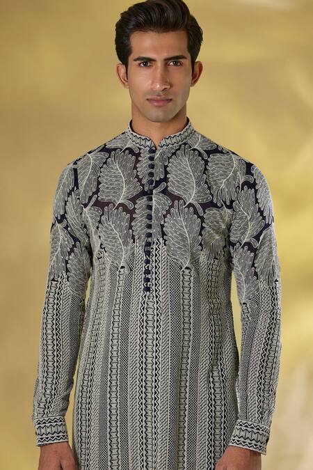 Shop_Rabani & Rakha_Blue Georgette Embroidery Dark Thread Work Kurta Set _Online_at_Aza_Fashions