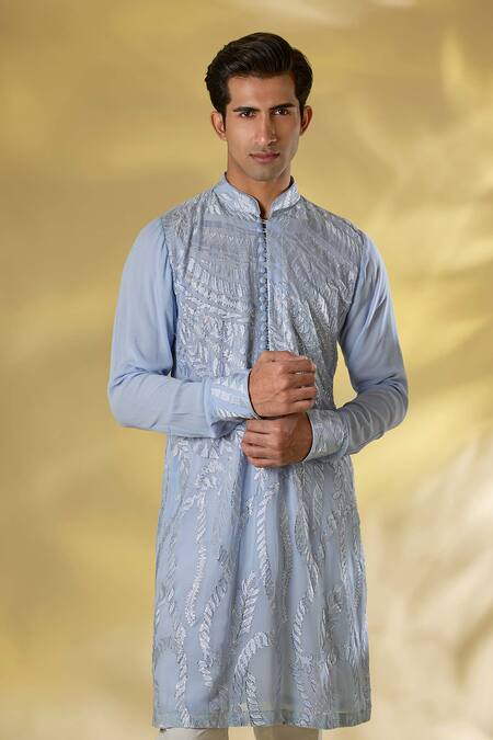 Rabani & Rakha_Blue Silk Gota Patti, Embroidery Pale Thread Kurta Set _Online_at_Aza_Fashions
