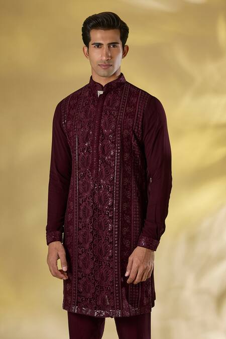Rabani & Rakha_Maroon Georgette Sequins, Embroidery Oxblood Thread And Kurta Set _Online_at_Aza_Fashions