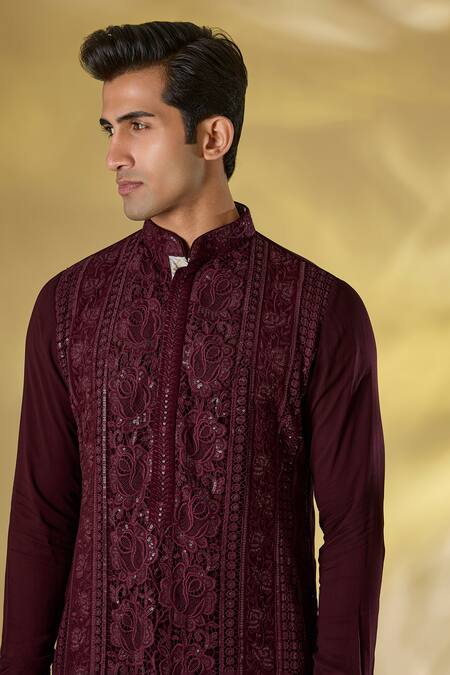 Shop_Rabani & Rakha_Maroon Georgette Sequins, Embroidery Oxblood Thread And Kurta Set _Online_at_Aza_Fashions
