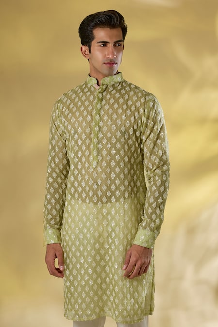 Rabani & Rakha_Lime Organza Sequins, Embroidery Green Thread Kurta Set _Online_at_Aza_Fashions