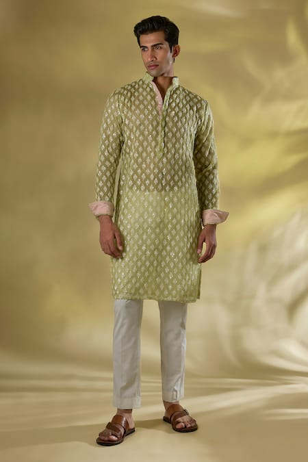 Rabani & Rakha Lime Green Thread Sequin Kurta Set 