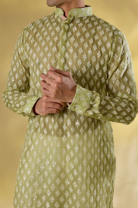 Buy_Rabani & Rakha_Lime Organza Sequins, Embroidery Green Thread Kurta Set _Online_at_Aza_Fashions