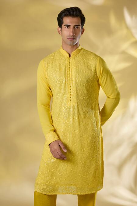Rabani & Rakha_Yellow Georgette Sequins Thread And Kurta Pant Set _Online_at_Aza_Fashions