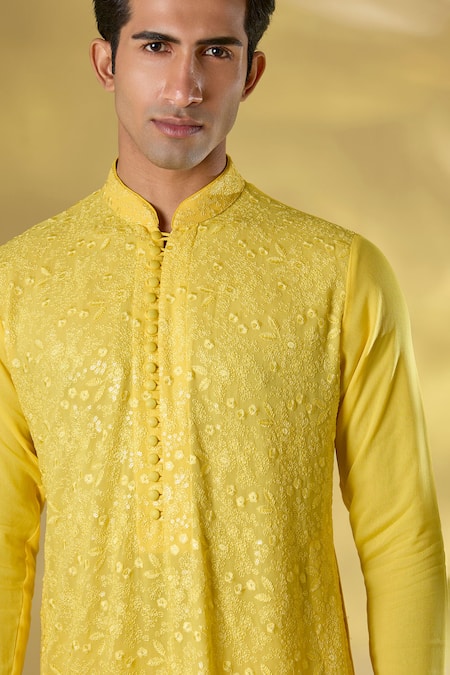 Buy_Rabani & Rakha_Yellow Georgette Sequins Thread And Kurta Pant Set _Online_at_Aza_Fashions