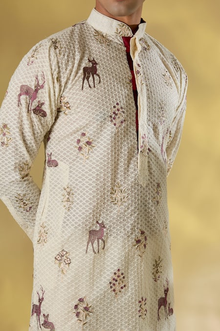 Shop_Rabani & Rakha_Cream Silk Embroidery, Zari Thread Kurta Set _Online_at_Aza_Fashions