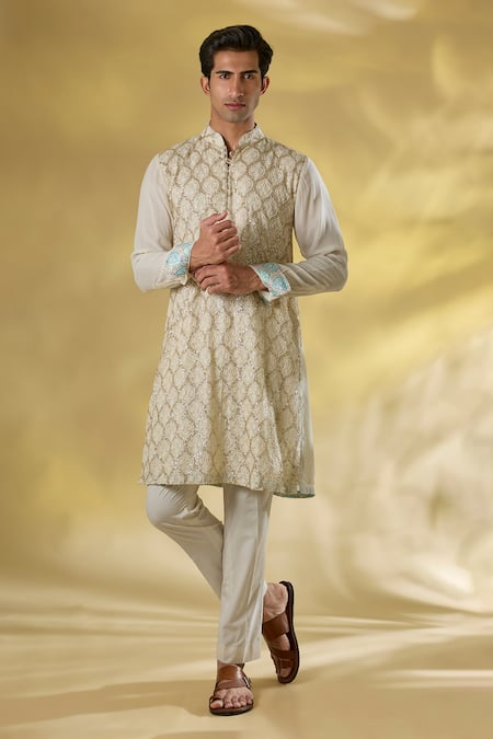 Rabani & Rakha Ivory Thread Sequin Kurta Pant Set 