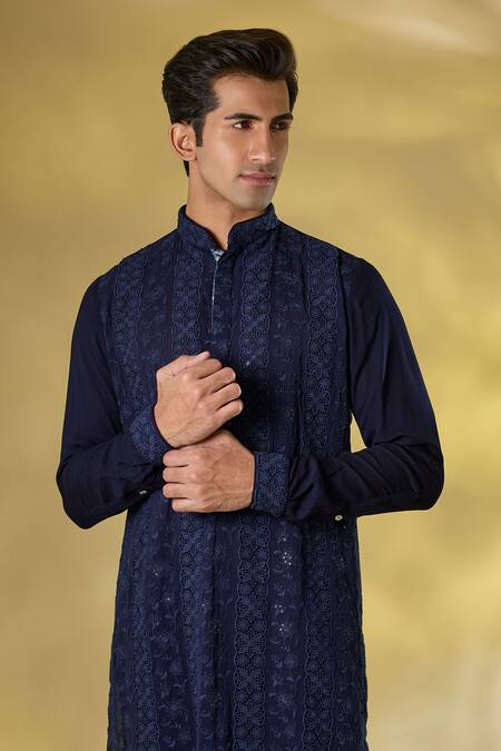 Rabani & Rakha_Blue Georgette Sequins, Embroidery Dark Thread Kurta Pant Set _Online_at_Aza_Fashions