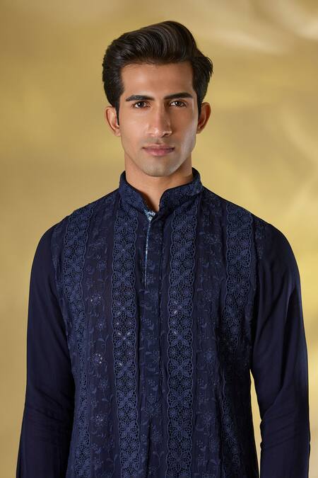 Shop_Rabani & Rakha_Blue Georgette Sequins, Embroidery Dark Thread Kurta Pant Set _Online_at_Aza_Fashions