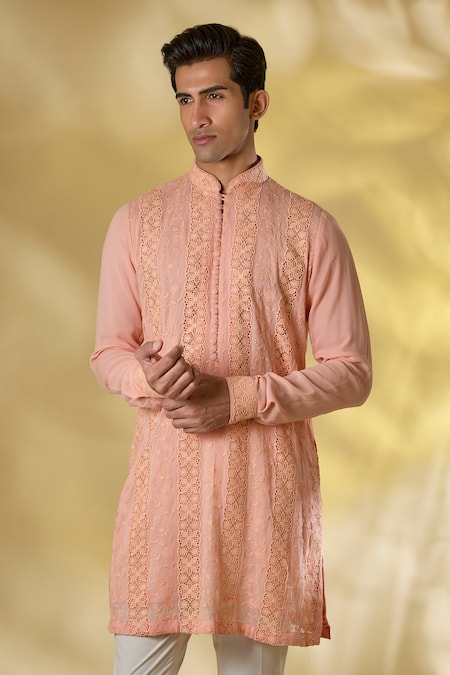 Buy_Rabani & Rakha_Peach Georgette Embroidery, Sequins Pale Thread And Kurta Set _Online_at_Aza_Fashions