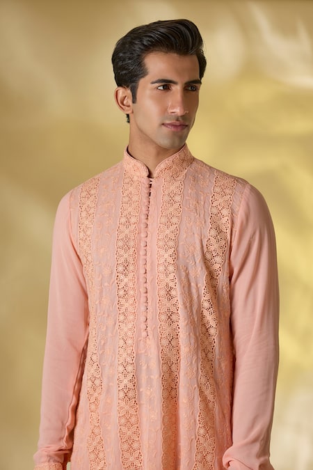 Shop_Rabani & Rakha_Peach Georgette Embroidery, Sequins Pale Thread And Kurta Set _Online_at_Aza_Fashions