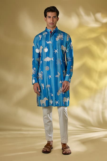 Rabani & Rakha Turquoise Blue Thread Zari Kurta Set 