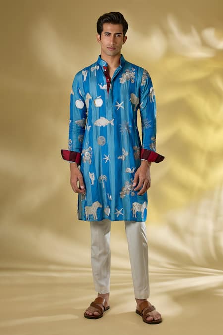 Rabani & Rakha_Turquoise Silk Zari, Embroidery Blue Thread Kurta Set _Online_at_Aza_Fashions