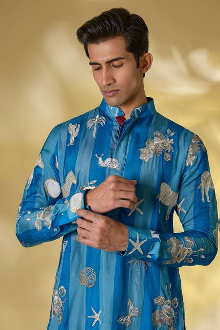 Buy_Rabani & Rakha_Turquoise Silk Zari, Embroidery Blue Thread Kurta Set _Online_at_Aza_Fashions