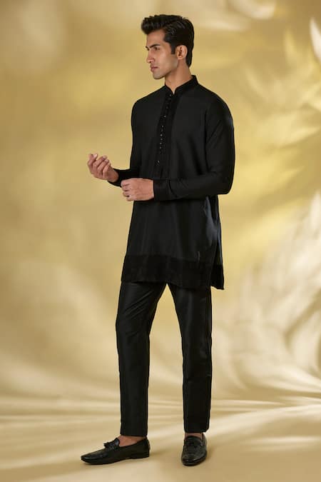 Rabani & Rakha_Black Silk Embroidery Thread Work Kurta Set _Online_at_Aza_Fashions
