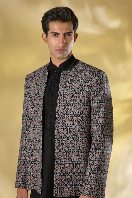 Rabani & Rakha_Black Silk Embroidery Thread Work Kurta Set _at_Aza_Fashions