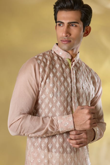 Rabani & Rakha_Pink Silk Sequins, Embroidery Blush Thread Kurta Set _Online_at_Aza_Fashions